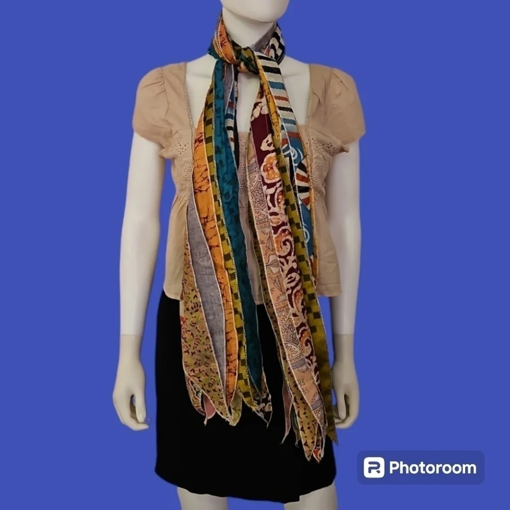ALEXA'S ANGELS Mixed Pattern Rainbow Silk Blend Boho Scarf Sash - Picture 3 of 7